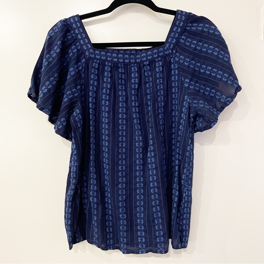 Banana Republic Navy Jacquard Embroidered Peasant Blouse Size Small